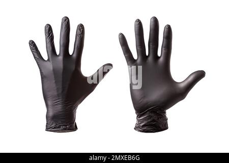 Schwarze Handschuhe an den Händen, an der Außen- und Innenseite der Hände, isoliert auf weißem Hintergrund, Nahaufnahme Stockfoto