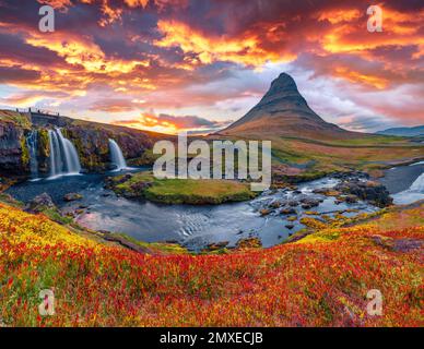 Wunderschöne Herbstlandschaft. Farbenfroher Blick am Morgen auf das beliebte Touristenziel - den Kirkjufellsfoss-Wasserfall. Atemberaubender Sonnenaufgang im Herbst auf Snaefellsnes pe Stockfoto