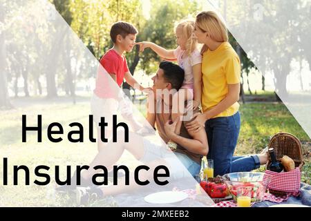 Glückliche Familie beim Picknick im Park. Krankenversicherung Stockfoto