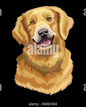 Realistische Nahaufnahme des Golden Retriever Hundes. Vektor farbige isolierte Darstellung isoliert auf schwarzem Hintergrund. Für Dekoration, Design, Print, Po Stock Vektor