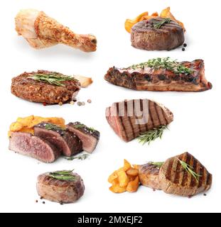 Set mit verschiedenen köstlichen gegrillten Fleischsorten auf weißem Hintergrund Stockfoto