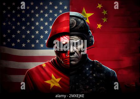 Vereinigte Staaten von Amerika, China war Ursache Taiwan Flaggen auf den Soldaten gemalt. Krieg und Siegerkonzept in den USA und China. Soldaten Konfrontation Krieg Konfrontation Stockfoto