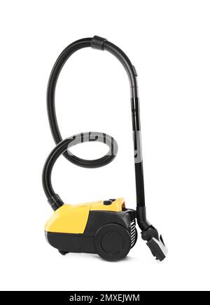 Moderner gelber Staubsauger, isoliert auf weiß Stockfoto