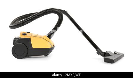 Moderner gelber Staubsauger, isoliert auf weiß Stockfoto