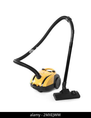 Moderner gelber Staubsauger, isoliert auf weiß Stockfoto