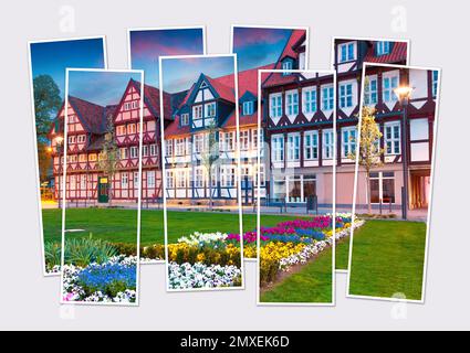 Isolierte achtteilige Bildcollage des Dorfes Wolfenbüttel. Fassade authentischer Fahverk-Häuser, Deutschland, Europa. Modell eines modularen Fotos. Stockfoto