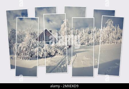 Isolierte Collage aus acht Bildern der Winterszene eines Bergdorfes nach starkem Schneefall, überdachte Bäume und Häuser. Atemberaubende Aussicht am Morgen Stockfoto