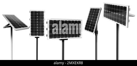 Set mit verschiedenen Sonnenkollektoren auf weißem Hintergrund, Bannerdesign. Alternative Energiequelle Stockfoto