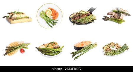 Verschiedene köstliche Gerichte mit Spargel auf weißem Hintergrund, Bannerdesign Stockfoto