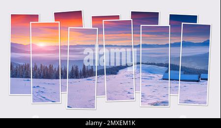 Isolierte zehn-Bild-Collage aus der farbenfrohen Winterszene der Karpaten. Herrlicher Sonnenaufgang im nebligen Bergtal. Modell von Mo Stockfoto