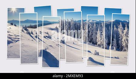 Isolierte 10-Bild-Collage eines verschneiten Bergtals. Atemberaubende Winterszene der Karpaten. Modell eines modularen Fotos. Stockfoto