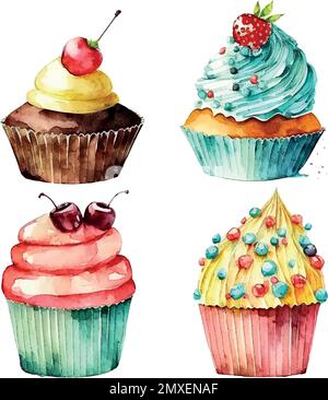 cupcake mit Sahne. Aquarelldarstellung Stock Vektor