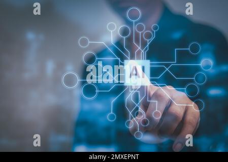 Künstliche Intelligenz (KI), Maschinensystem-Software, genetische Programmierdaten-Mining-Technologie auf virtueller Basis. Professioneller Investor arbeitet neu Stockfoto