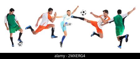 Collage mit Fotos junger Männer, die Fußball spielen, auf weißem Hintergrund. Bannerdesign Stockfoto