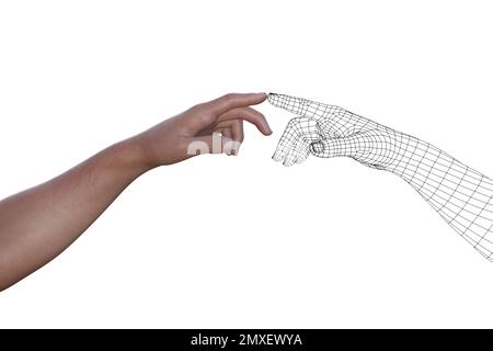 Hand und Hand Drahtmodell berühren sich mit Zeigefingern auf weißem Hintergrund. Stockfoto
