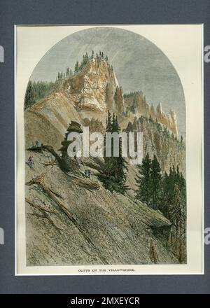 Yellowstone, Klippen. Ein antiker Druck/Gravur, der professionell wassergefärbt wurde. Stockfoto