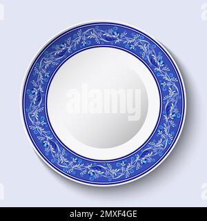 Weiße Platte in Boho mit dunkelblauer Einrichtung für Innendekoration und Tischdekoration. Stilisierte klassische Kobaltmalerei auf Porzellan. Isoliertes Gericht, Speisekarte Stock Vektor
