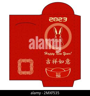 Red Envelope Mockup, chinesisches Neujahr 2023 Jahr Kaninchen. Vertikales Design des Geldpakets. Rote und goldene Farbe, chinesische Textübersetzung Blessing und G Stock Vektor
