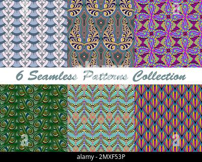 Set aus nahtlosen, mehrfarbigen Mustern im Doodle-Stil. Verschachtelte, wellenförmige Ornamente, inspiriert vom Zentangle. Handgezeichneter Zierhintergrund des Liners. Stock Vektor