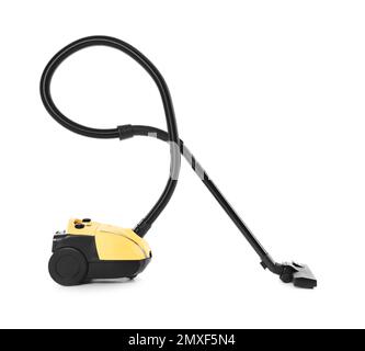 Moderner gelber Staubsauger, isoliert auf weiß Stockfoto