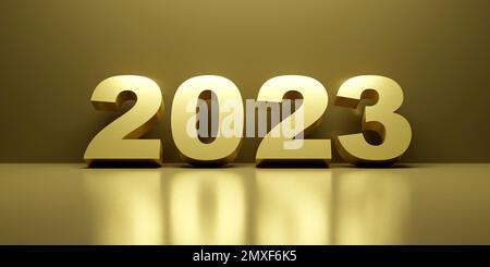 Neujahrskonzept. Goldfarbener 2023 mit luxuriösem Hintergrund. 3D-Darstellung rendern Stockfoto