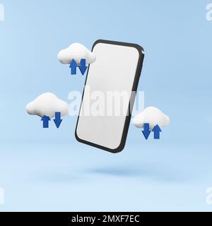 Cloud-Computing und Gerätekonzept. 3D Darstellung des Mobiltelefons, Cloud und Pfeil stellen Upload- und Downloaddaten dar. Stockfoto