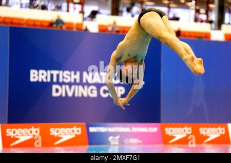 Leon Baker im Finale des Herren-Sprungbretts 3m am zweiten Tag des British National Diving Cup im Royal Commonwealth Pool in Edinburgh. Foto: Freitag, 3. Februar 2023. Stockfoto