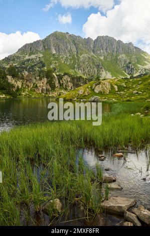 Lac Long Lake und Tuc Gran de Sendrosa Peak bei Aigüestortes i Estany de Sant Maurici Nationalpark (Aran Tal, Lleida, Pyrenäen, Katalonien, Spanien) Stockfoto