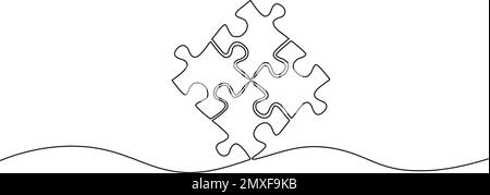 Durchgehende einzeilige Zeichnung von vier Puzzleteilen, die zusammenpassen, Strichgrafik-Vektordarstellung Stock Vektor