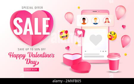 Valentinsangebote 50 % Rabatt, Webbanner für soziale Medien. Happy Valentine's Day Sonderangebot, Online-Promotion mit Ikonen, Kaffeetasse und Herzgeschenk Stock Vektor