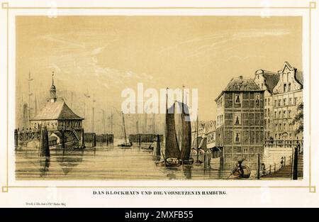 Europa, Deutschland, Hamburg, Originalseite und Originaltext : " das Blockhaus und die Vorsetzen in Hamburg " , Lithographie aus : " Hamburgisches Album ", Druck Lithographisches Institut Charles Fuchs, Hamburg, 1850er Jahre. / Europa, Deutschland, Hamburg, Originalseite und Originaltext : " das Blockhaus und die Vorsetzen in Hamburg " , Lithographie aus " Hamburgisches Album " , gedruckt vom Lithographischen Institut Charles Fuchs, Hamburg, um 1850. . Stockfoto