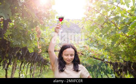 Wunderschöne Frau träumt von Rotwein und genießt den Sommeraufenthalt in Weinbergen an einem schönen sonnigen Tag. Eine Frau, die Rotwein trinkt. Erntesaison. Hochwertiges Foto Stockfoto