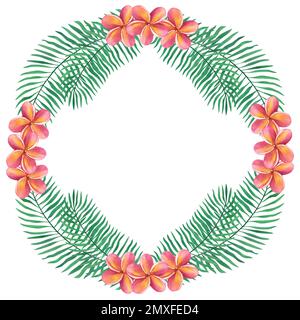 Kranzrahmen aus tropischen Palmenblättern und Plumeria frangipani-Blumen. Handgezeichnete Aquarelldarstellung isoliert auf weißem Hintergrund. Stockfoto