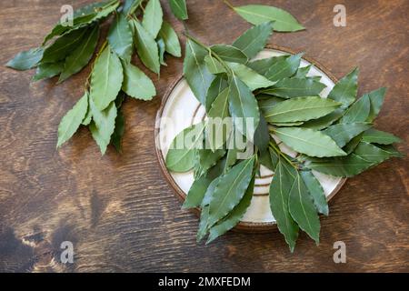 Kräuter und Gewürze. Frische Lorbeerblätter auf rustikalem Holzhintergrund. Speicherplatz kopieren. Stockfoto