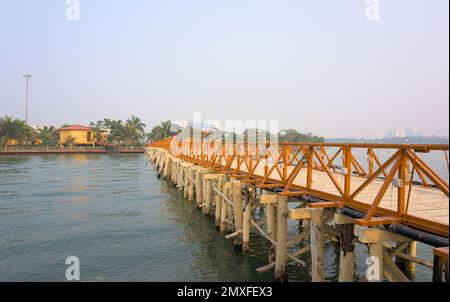 Hölzerne Brücke über dem See. Stockfoto