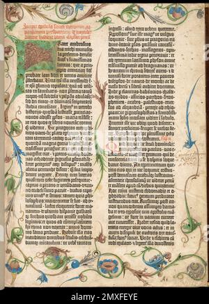 Gutenberg-Bibel. Beispielseite der Gutenberg-Bibel von Johannes Gutenberg aus der Morgan Library, New York Stockfoto