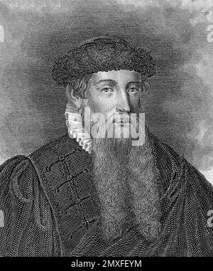 Johannes Gutenberg. Porträt des deutschen Erfinders und Handwerkers Johannes Gensfleisch zur Laden zum Gutenberg (ca. 1393-1406-1468), Gravur von Edouard Schuler, 1800er Stockfoto