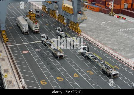 Unter den Portalkränen warten Raupenkräne oder Lastkraftwagen mit Nummern, um Container vom Schiff im Containerterminal zu laden. Stockfoto