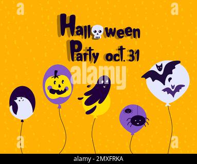 Happy Halloween Banner, Party-Einladung. Orangefarbene Grußkarte. Ballons mit lustigen Geistern, Kürbis, Fledermäuse, Spinnen, Katzentext, handgeschriebener Kalligraph Stockfoto