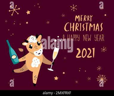 Weihnachten, frohe Neujahrskarte. Süßer Cartoon-Bulle mit Glas Champagner. Gratulation zum Winterurlaub. Cow Chinese 2021 Symbol.WI Stockfoto