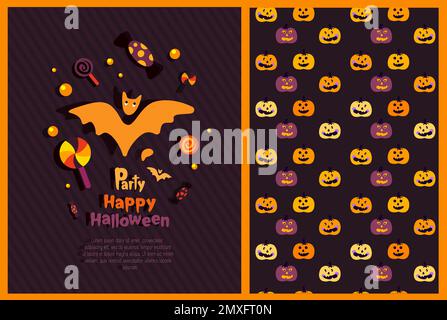 Halloween-Grußkarte in leuchtenden Farben, nahtloses endloses Muster. Kreative Illustration, lustige Fledermaus, Süßigkeiten, Kürbisse. Feiern Sie Allerheiligen-Tag. Halloween-Par Stockfoto