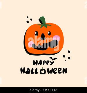 Leuchtende Halloween-Grußkarte mit lustigem orangefarbenem Kürbis und Text. Party-Einladung mit handgeschriebener Kalligrafie. Happy Halloween Celebration Textpost Stockfoto