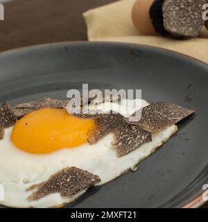 Gebratene Trüffeleier mit einer Knollenmelanosporum-Wintertruffel Stockfoto