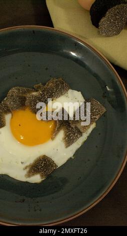 Gebratene Trüffeleier mit einer Knollenmelanosporum-Wintertruffel Stockfoto