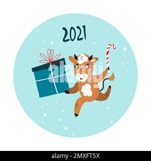 Weihnachten, frohe Neujahrskarte. Süßer Cartoon-Bulle mit Box, Geschenk und Zuckerrohr. Chinesisches Kuhsymbol 2021. Weihnachtstier. Winteratmosphäre. Festlich Stockfoto