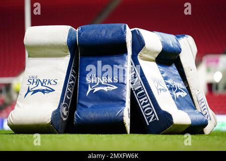 Ein allgemeiner Überblick über die Angriffsblöcke von Sale Sharks vor dem Gallagher Premiership Match im Ashton Gate Stadium, Bristol. Foto: Freitag, 3. Februar 2023. Stockfoto