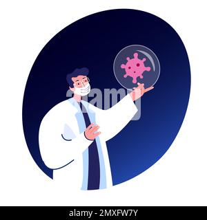 Wissenschaftler Virologe Forscher Coronavirus Elemet Corpuscle Particle.Chemist Student in Medical Protective Mask. Doktor Biologe Experte. Mittel Stockfoto