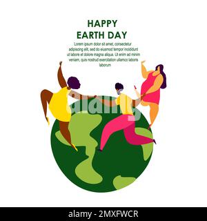 Drei Happy People Frauen und Männer tanzen auf dem Planet Globe. Happy Earth Day Celebration, Holding Hands.Ecology Support, Environment Fr. Stockfoto