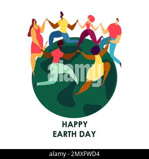Gruppe verschiedener Menschen Frauen und Männer tanzen um den Planet Globe. Happy Earth Day Celebrating, Holding Hands.Ecology Support,Environment Fr. Stockfoto