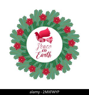 Weihnachtsvektordarstellung. Ein festlicher Adventskranz und die Inschrift „Peace on Earth“. Stock Vektor